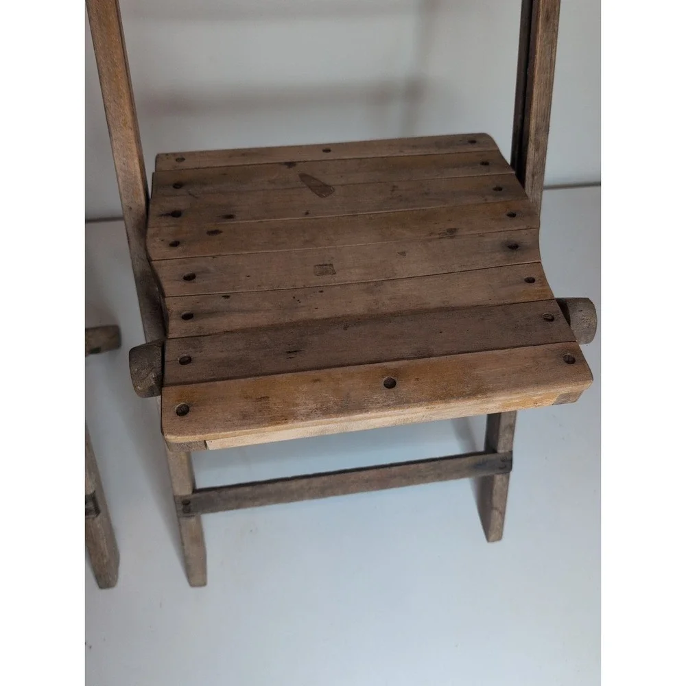 Lot Of 2 Antique Vintage Slat Wood Folding Chairs Snyder Chair Co. USA
